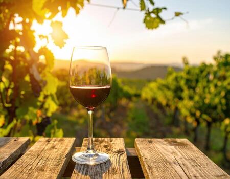 Ruby colored glass of red wine sits elegantly on wooden table, its delicate stem reaching towards fading light of sunset, surrounded by lush vineyards photo