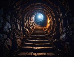 devanado, enigmático paso con Roca paredes en espiral hacia arriba dentro oscuridad, llamando con suave resplandor foto