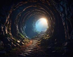 devanado, enigmático paso con en espiral Roca paredes líder dentro oscuridad, iluminado por suave ligero fin, evoca sentido foto