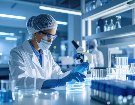 Dedicated scientist in pristine white attire, complete with safety goggles and gloves, meticulously conducts experiments in modern laboratory filled with glassware and equipment photo
