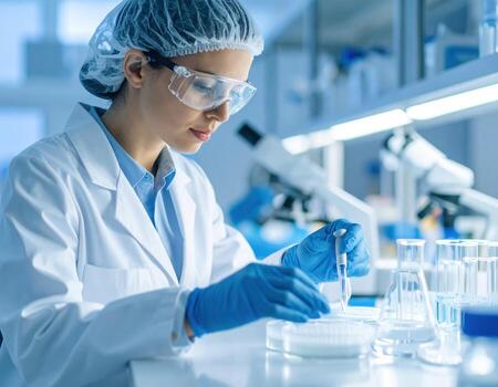 Dedicated scientist in pristine white attire, complete with safety goggles and gloves, meticulously conducts experiments in modern laboratory filled with scientific equipment photo