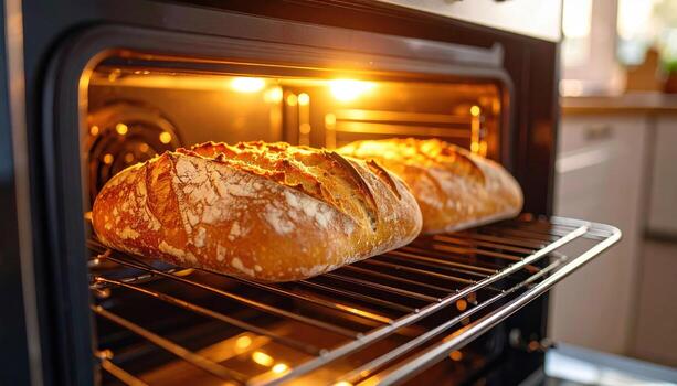 Two loaves of bread are being baked in an oven photo