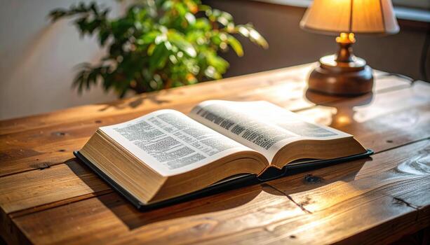 Open book rested on rustic wooden desk, illuminated by warm lamp, creating cozy atmosphere perfect for reading and reflection. pages are filled with text, inviting exploration and knowledge photo