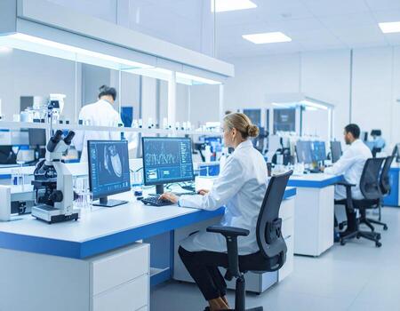 Modern laboratory scene featuring scientists in white lab coats working with advanced technology, including computers and microscopes, amidst bright and organized environment photo