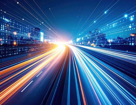 Digital data streams illuminate highway at night, showcasing vibrant light trails and binary code, symbolizing speed of information transfer in modern cityscape photo