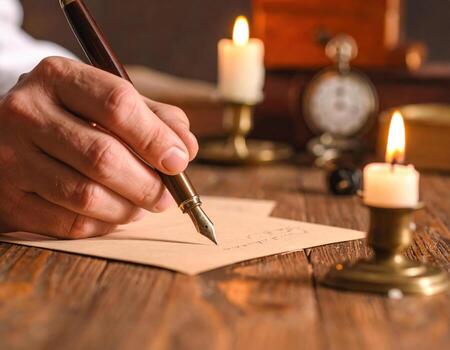 A man writing on a piece of paper with a pen photo