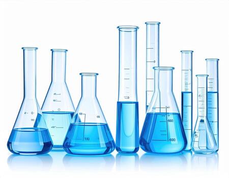 Laboratory glassware including flasks and beakers filled with blue liquid, representing scientific research and experimentation in modern setting photo