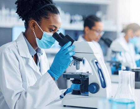 Scientist in laboratory is focused on examining samples through microscope, wearing mask and gloves, showcasing dedication to biological research and safety protocols photo