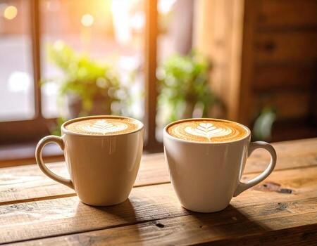 Warm and inviting, two steaming mugs of coffee sit on rustic wooden table, showcasing beautiful latte art. sunlight filters through window, creating cozy atmosphere photo