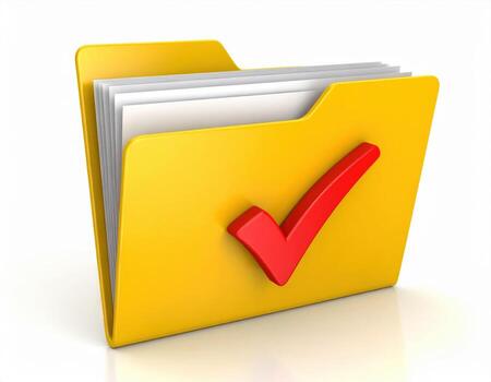 Vibrant yellow folder with red checkmark symbolizes accomplishment and organization, showcasing its contents that reflect success and attention to detail photo