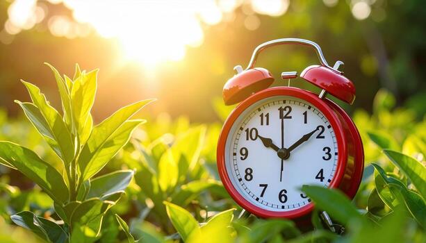 A red alarm clock is sitting in a field of green grass photo