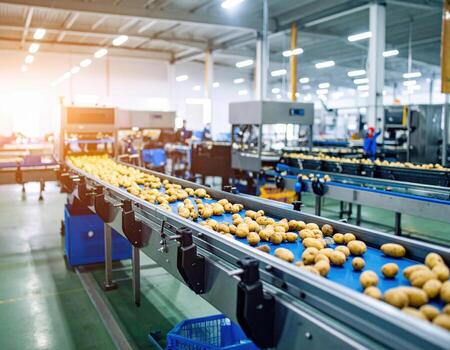Automated lines in food industry efficiently process potatoes, showcasing bustling environment filled with activity and precision. vibrant scene highlights modern technology at work photo
