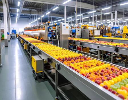 Vibrant array of fruits is showcased on automated conveyor belts in modern food processing facility, highlighting efficiency and innovation in food industry photo