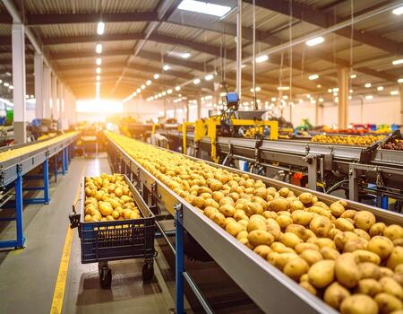 Automated lines in food processing facility efficiently sort and transport fresh potatoes, showcasing bustling activity of agricultural industry photo