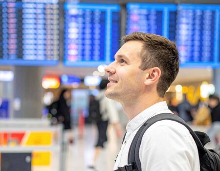 Traveler stands at airport gate, gazing at flight display schedule with anticipation and excitement photo