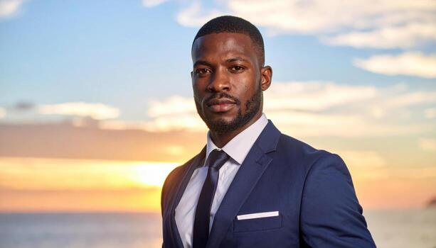 Man in sharp attire stands confidently against stunning sunset backdrop, his gaze fixed on camera with intensity that conveys determination and poise photo