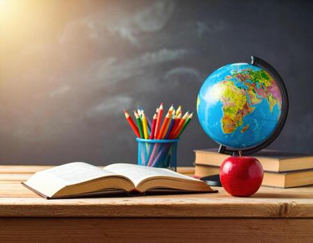 Vibrant classroom scene featuring open book, shiny red apple, globe, and container of colored pencils on rustic wooden desk. warm sunlight enhances inviting atmosphere of learning photo