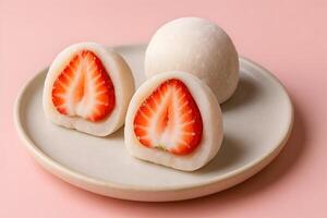 Delicious strawberry mochi dessert kitchen table food photography soft pink background close-up tempting treat photo