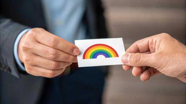 Hands exchanging business card with rainbow logo, symbolizing diversity and inclusion in professional setting, close up of two people in formal attire sharing colorful card photo