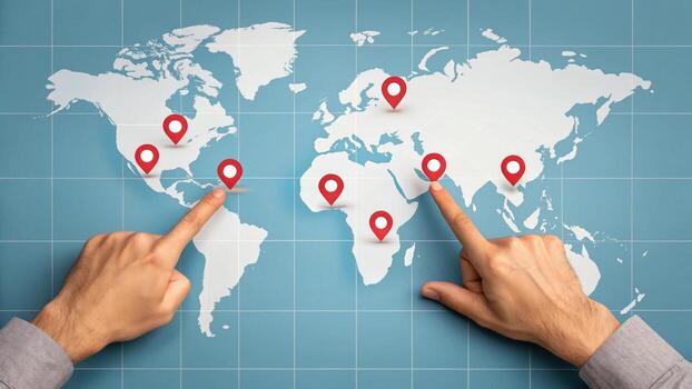 World map with red location markers and two hands pointing at different continents, symbolizing global connection and navigation photo