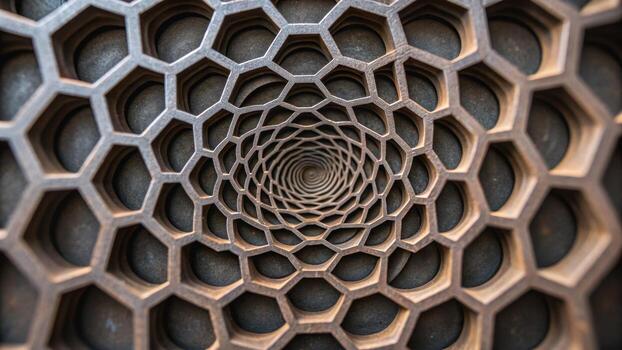 Swirl vortex made from tessellated hexagons in macro close up view showing intricate geometric pattern with depth and texture in brown tones creating hypnotic visual effect photo