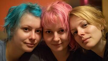 Tres joven mujer con vibrante teñido pelo compartiendo un momento juntos. foto