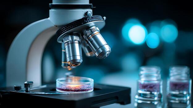 Precise Science Microscope Examines Tiny Sample in Laboratory. photo