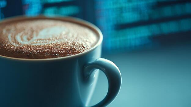 Coffee Break with a View of Glowing Code and Abstract Light. photo