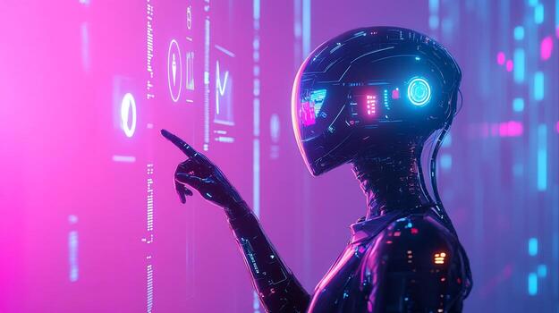 Futuristic robot interacts with a holographic interface, displaying data and graphs. photo