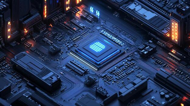 Closeup of a glowing computer processor chip on a circuit board. photo