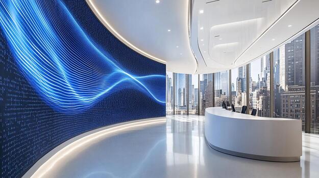 Modern office lobby with curved reception desk and large digital art display showing blue wave data patterns, overlooking a city skyline. photo