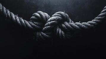 Closeup of a complex, intertwined rope knot against a dark background. photo