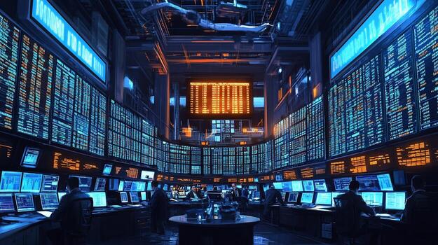 Futuristic trading floor with numerous screens displaying financial data, traders working at computers. photo