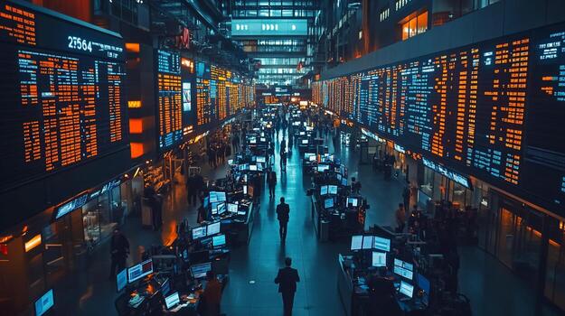 Highangle view of a bustling stock exchange trading floor with numerous traders working at computers and large screens displaying financial data. photo
