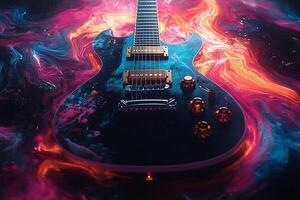 eléctrico guitarra con vibrante arremolinándose pintar antecedentes. foto