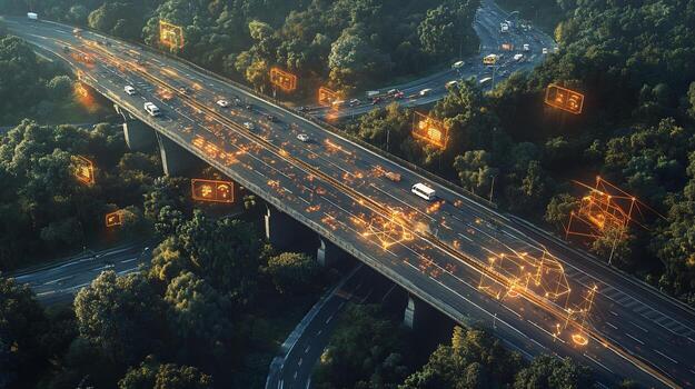 Aerial view of highway with digital overlay showing data flow and traffic. photo