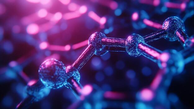 Abstract 3D rendering of a molecule structure with glowing pink and blue nodes and connections. photo