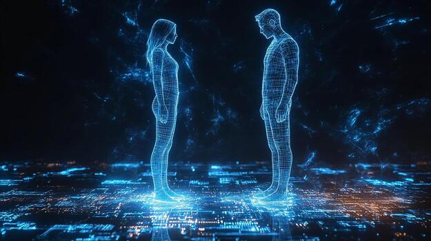 Digital Connection A Futuristic Encounter of Two Wireframe Figures in a Cyberspace photo