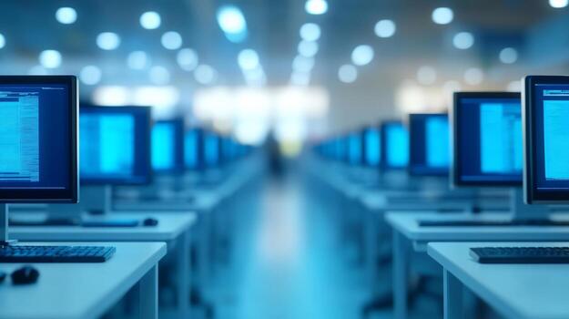 Rows of Computers in a Modern Office Digital Technology and Connectivity photo