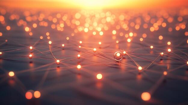 Glowing network nodes connect, forming a complex web at sunset. photo