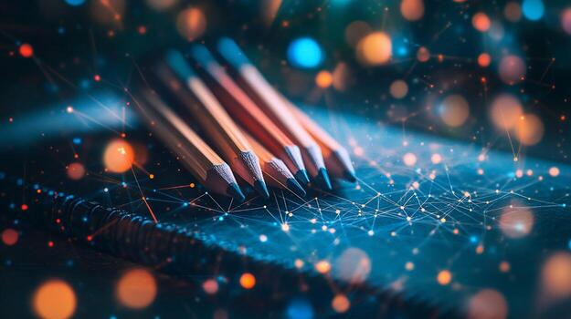Closeup of sharpened pencils on a notebook with a network graphic overlay. photo