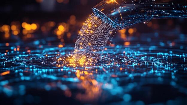 Abstract digital data stream flowing from a futuristic pipe into a digital landscape. photo