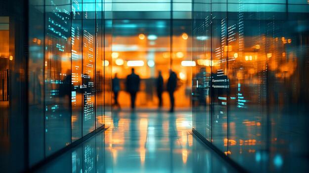 Silhouetted figures walk through a modern building with illuminated data displays. photo