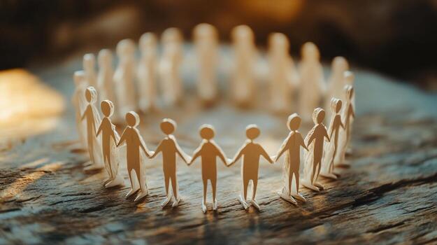 Unity and togetherness Paper figures forming a circle symbolizing teamwork, community, and cooperation. photo