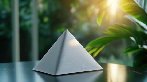 Illuminated Pyramid on Table, Serene Atmosphere, Indoor Setting photo