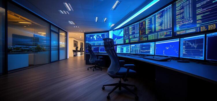Advanced Technology Control Room HighTech Monitoring Center with Multiple Screens Displaying Data and Information. photo