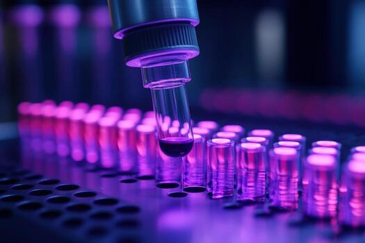 Closeup of Automated Liquid Handling System Dispensing Purple Reagent into Microplates in a Laboratory Setting photo