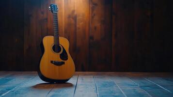 acústico guitarra en de madera piso, rústico estudio preparar foto
