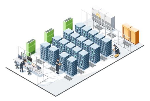 Data center with servers and technicians vector