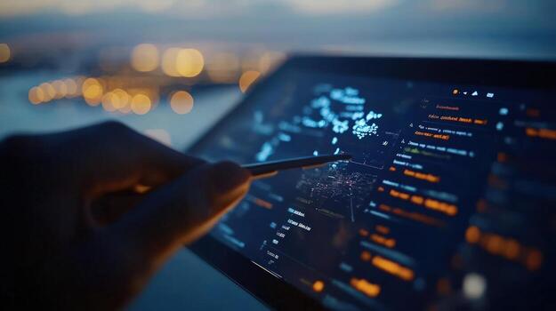 noche ciudad datos análisis un mano interactuando con un tableta mostrando complejo datos visualizaciones y código, con vista a un borroso paisaje urbano a oscuridad foto